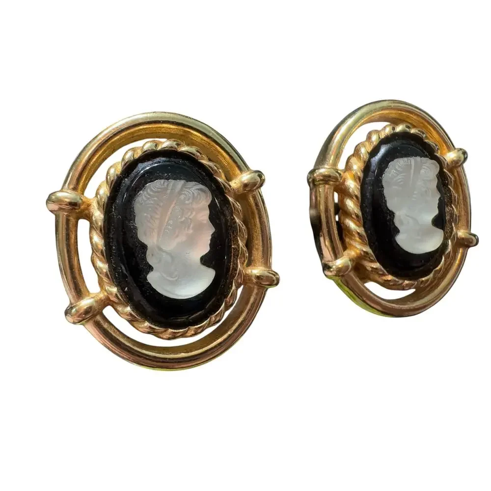 Auth. Vintage Burberry Gold Tone Chunky Cameo Earrings EUC